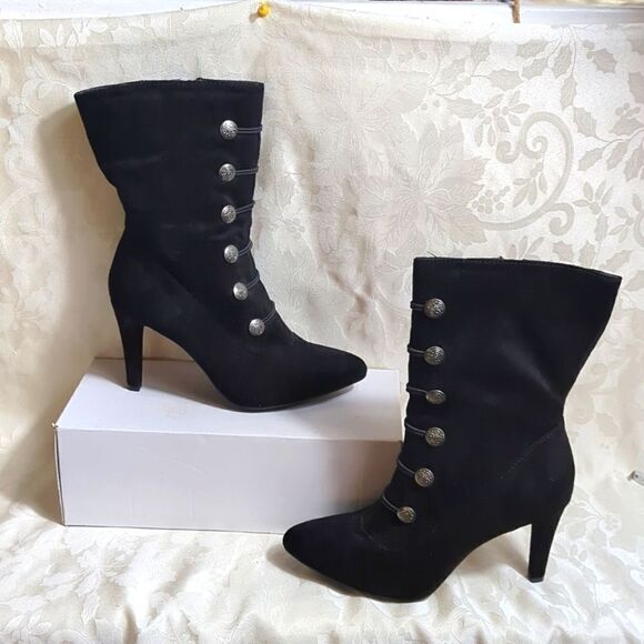 Rialto Black Suede Chung Button Marching Style Mid Calf Hi Heeled Boots - Picture 2 of 10